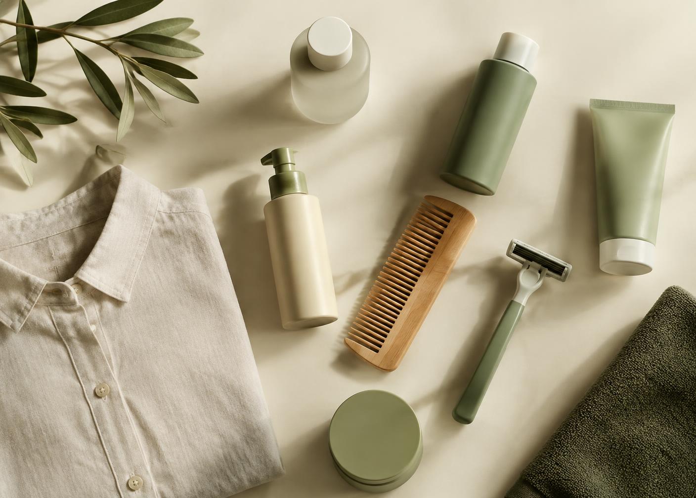 Flatlay of unbranded skincare bottles, a wooden comb, razor and linen shirt